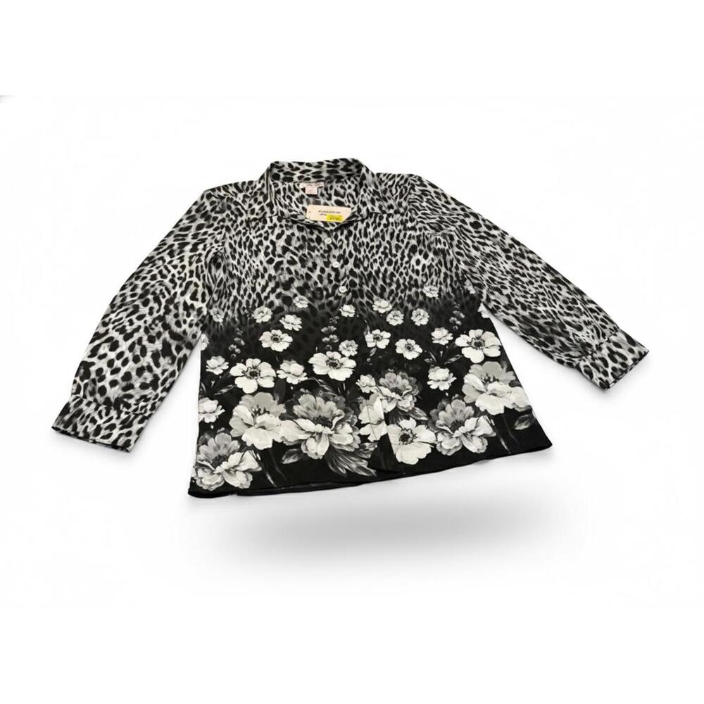 Allison Daley Women's Black White Leopard and Floral Print Blouse XL NWT